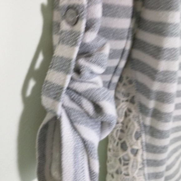 French Laundry Gray White Stripe Terry Longline Drawstring Neck Longsleeve top M - Picture 7 of 16